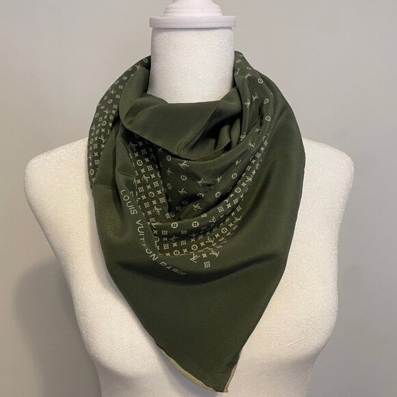 [SOLD]  Authentic Vintage LOUIS VUITTON Sage Green Monogram Silk Scarf - Picture 4 of 11